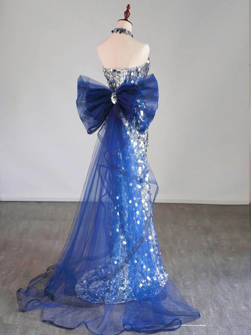 Light Grey Mermaid Sequins Long Party Dress with Bow, Sequins Prom Dress